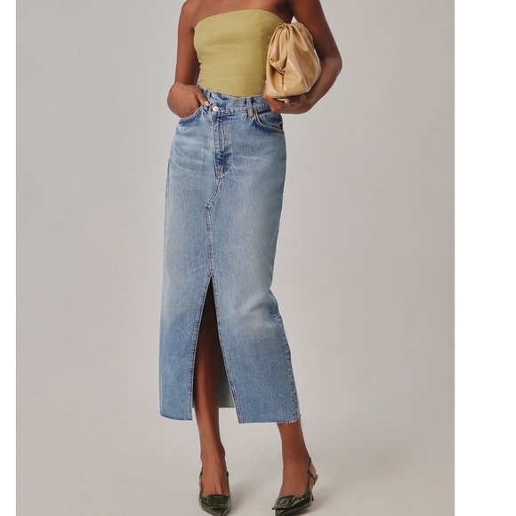 Reformation Dresses & Skirts - $168 Reformation Nila Long Denim Jean Skirt Blue Crossover Waist Midi Slit 26 4